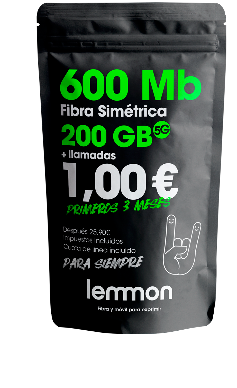 Tarifa fibra 600 Mb simétrica y móvil 200 GB Lemmon